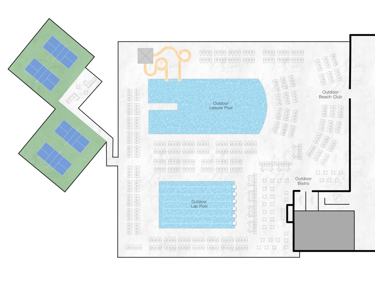 The third floor or Life Time Westlake with outdoor leisure and lap pool, beach club and outdoor bistro