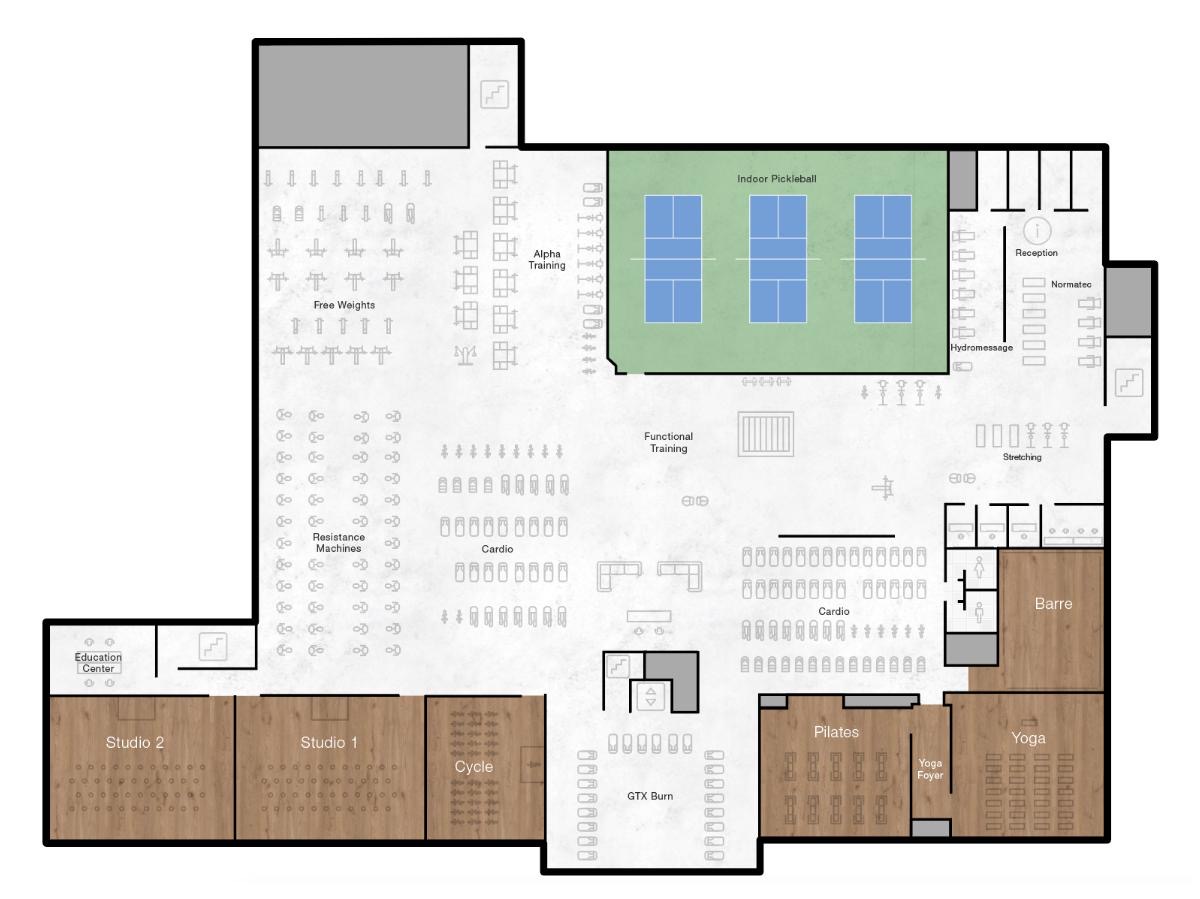 The second floor of Life Time Westlake with studio classes, pickleball courts and training, cardio and workout areas