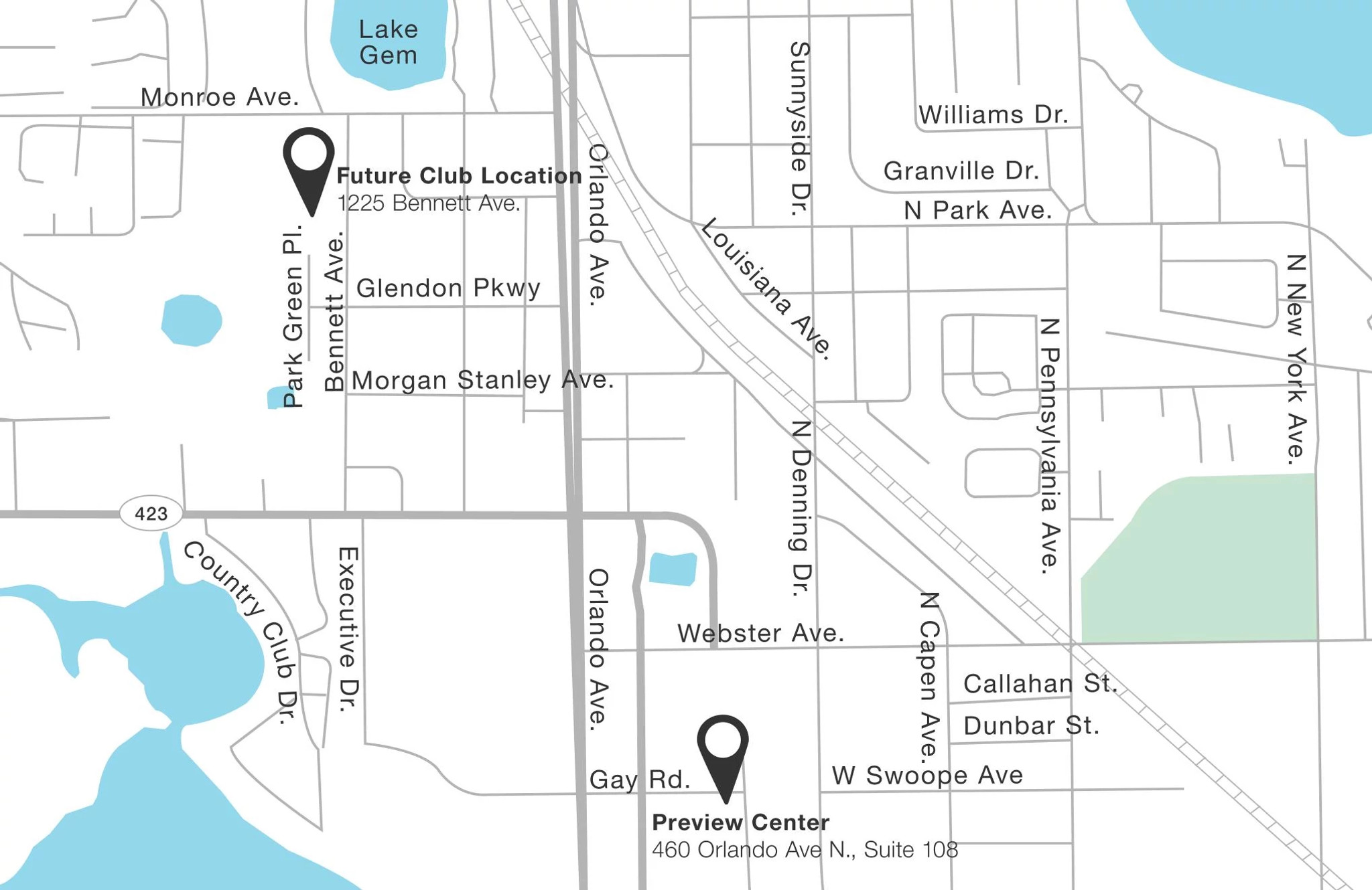 map showing Life Time in relation to the Preview Center