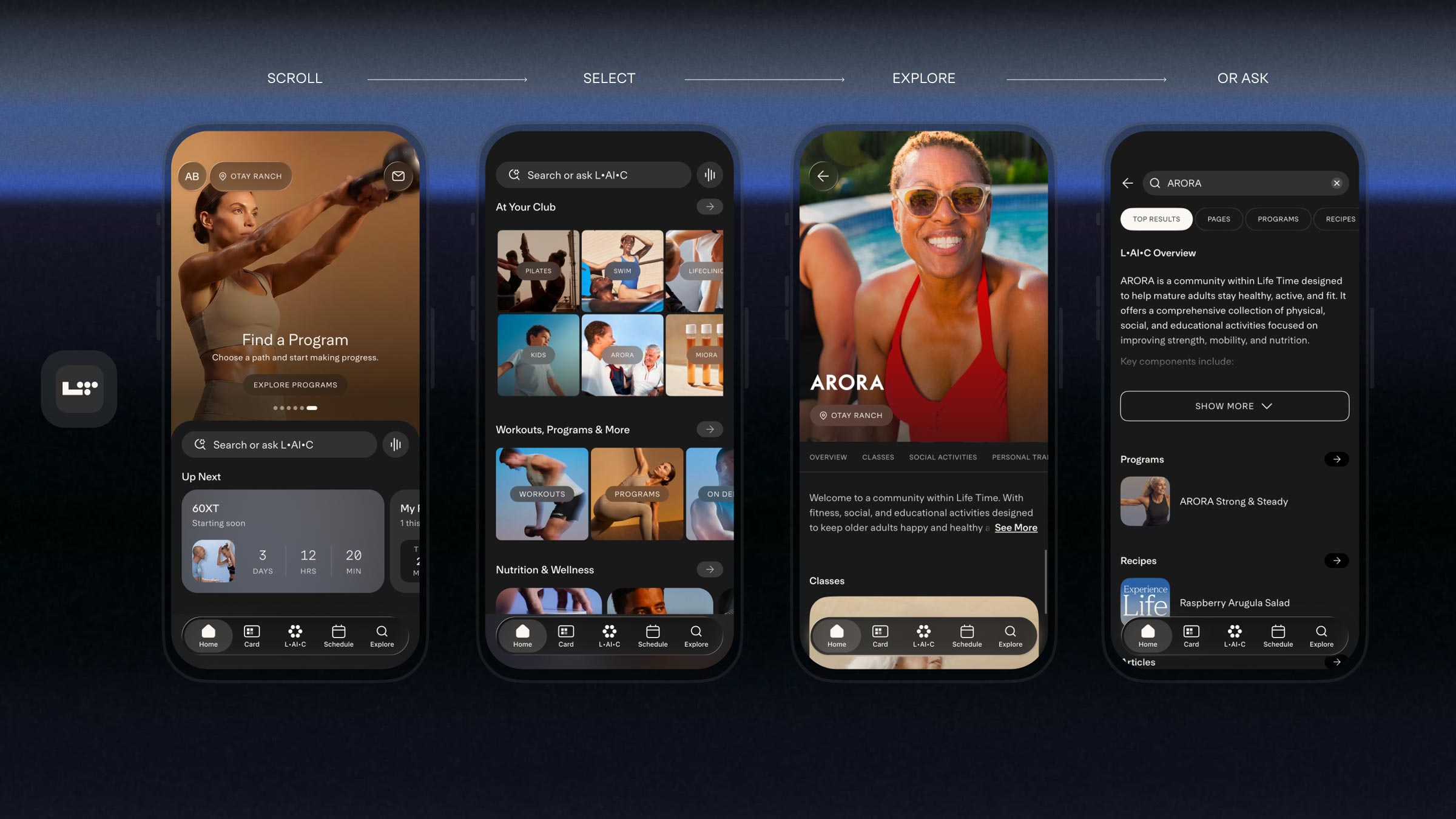 Life Time mobile app screens showing ARORA community program featuring fitness, social, and educational activities for adults, with overview and class details visible.