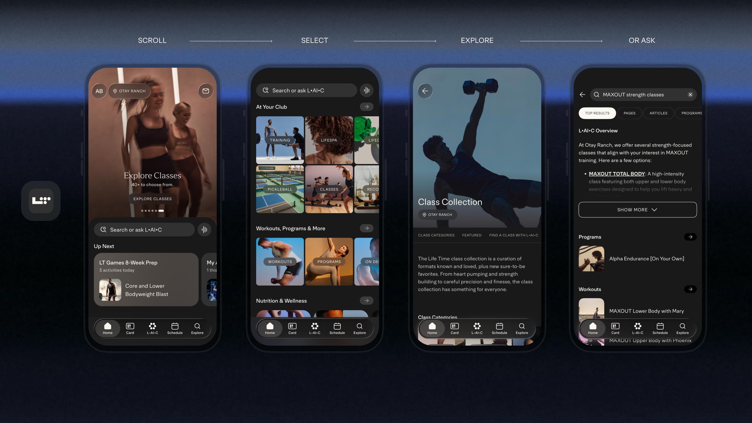 Life Time mobile app screens showcasing class collection with strength training and dumbbell exercise options, featuring silhouette of person lifting weights.