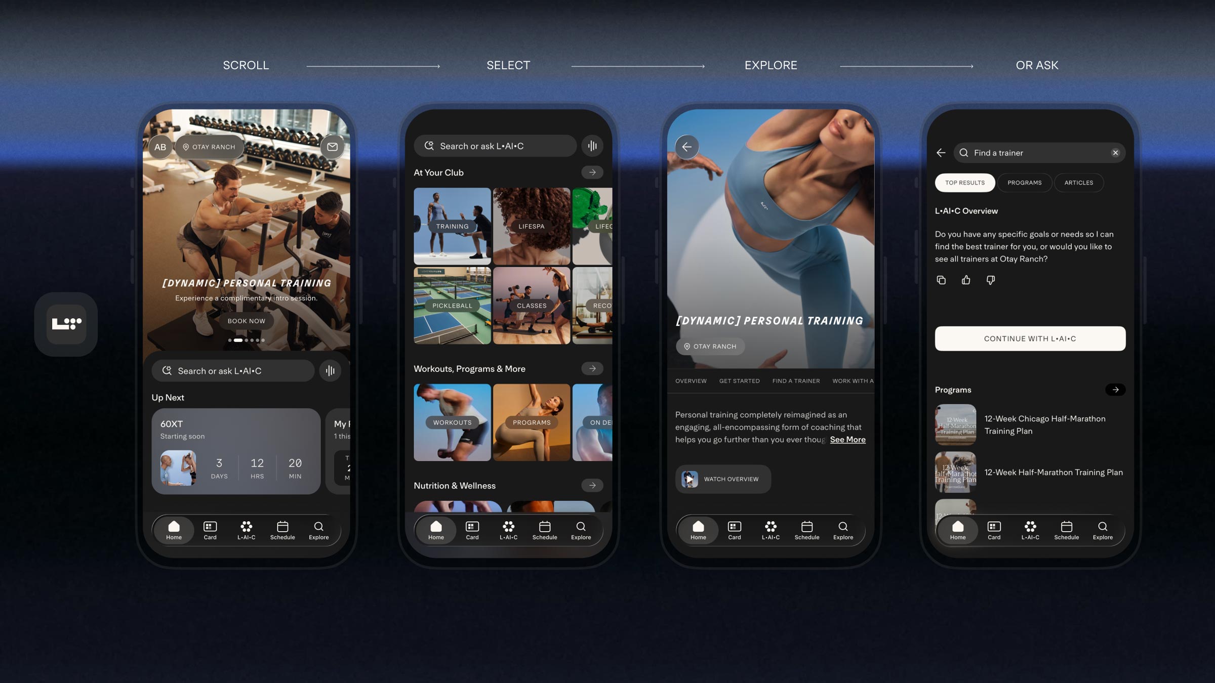 Life Time mobile app screens for Dynamic Personal Training featuring one-on-one coaching options and trainer profiles with fitness goals selection.