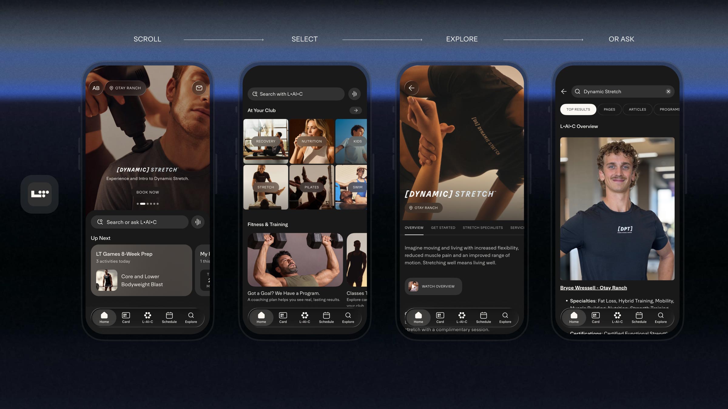 Life Time mobile app screens for Dynamic Stretch classes emphasizing flexibility and mobility improvements with instructor details.