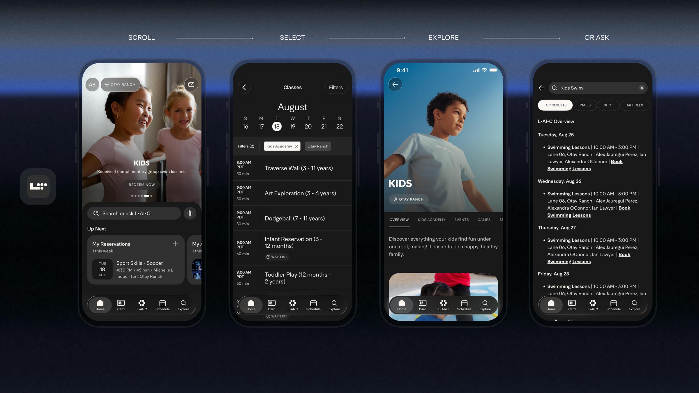 Life Time mobile app screens for kids programs showing swimming lessons, sport skills, and activity options with age-specific class scheduling.