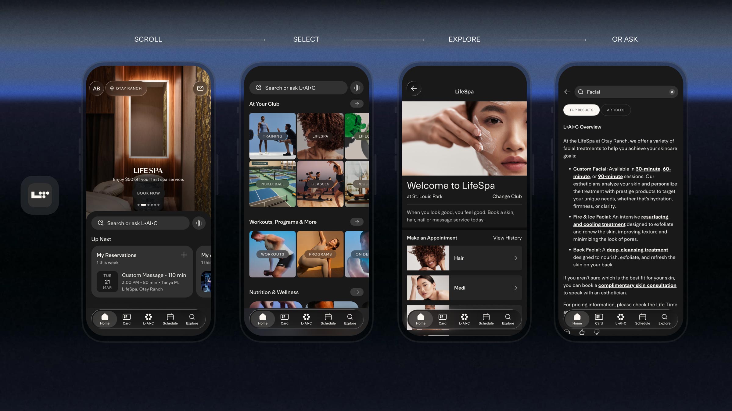 Life Time mobile app screens for Life Spa services displaying facial treatments, massage options, and skin consultation details.