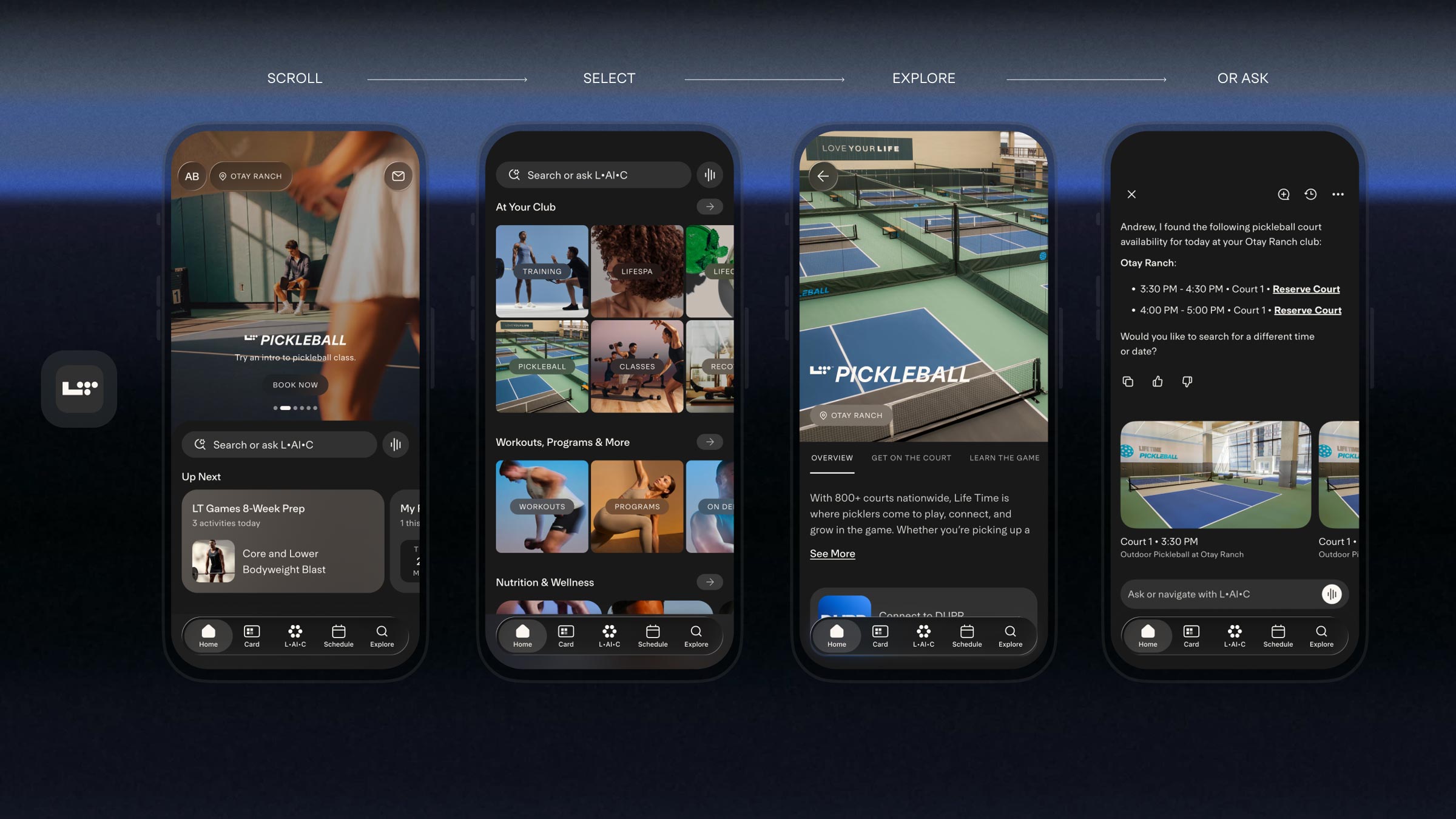 Life Time mobile app screens for pickleball program showing outdoor court availability, booking options, and game information at multiple club locations.