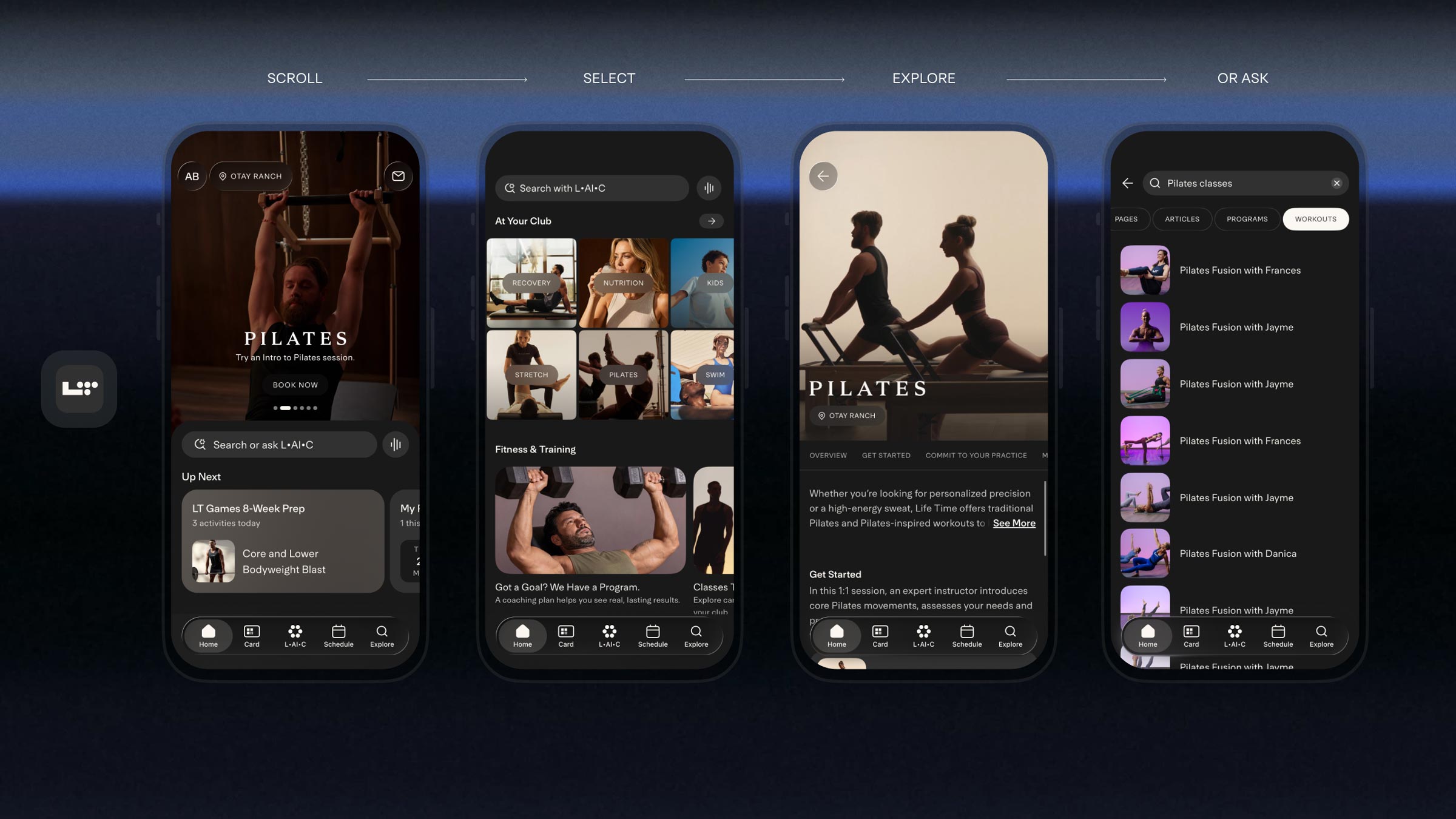 Life Time mobile app screens for pilates classes featuring instructor options and various pilates fusion workout programs.
