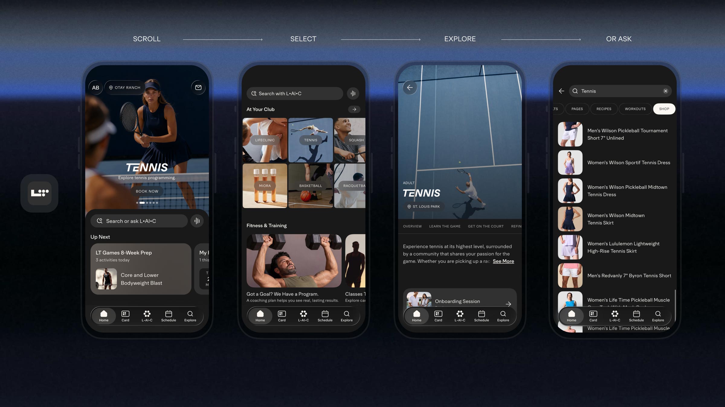 Life Time mobile app screens for tennis programming with court information, skill levels, apparel options, and booking details.