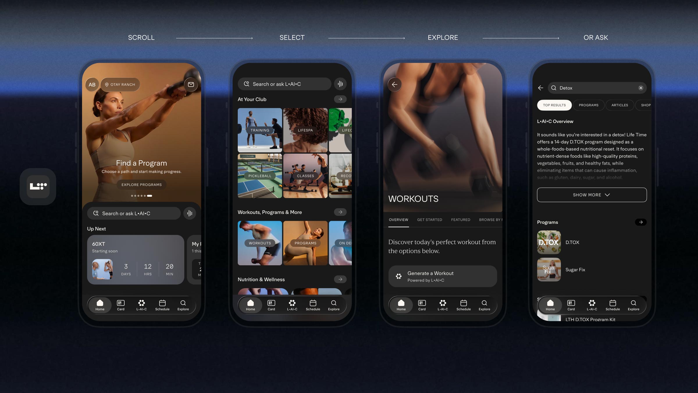 Life Time mobile app screens for workout programs featuring DTOX detox program and other fitness regimens with program details and shopping options.