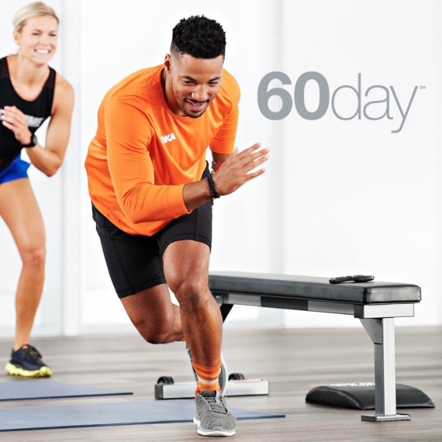Image of man and woman doing cardio workout with “60 Day” words on image. 