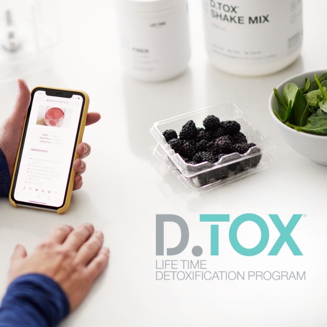 D.TOX Life Time Detoxification Program logo with a mobile phone, and healthy foods and shake mix