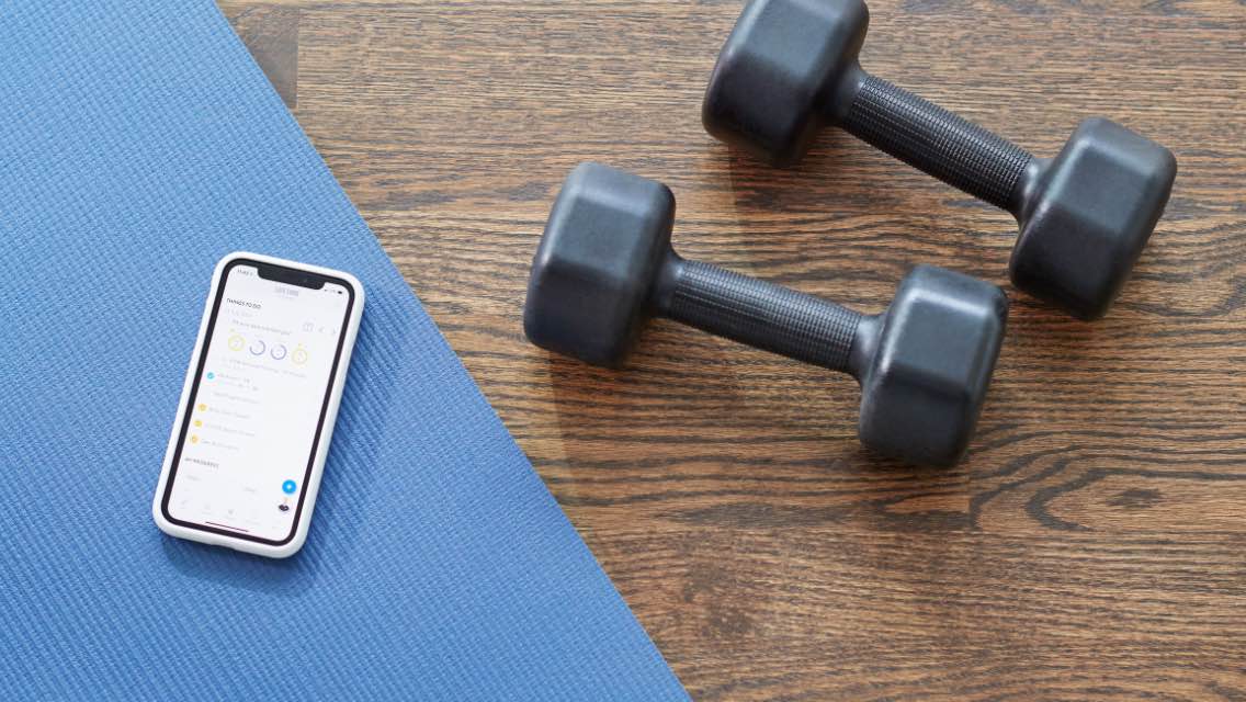 A set of dumbbells lays on a wood floor next to a blue yoga mat with a phone on it. 